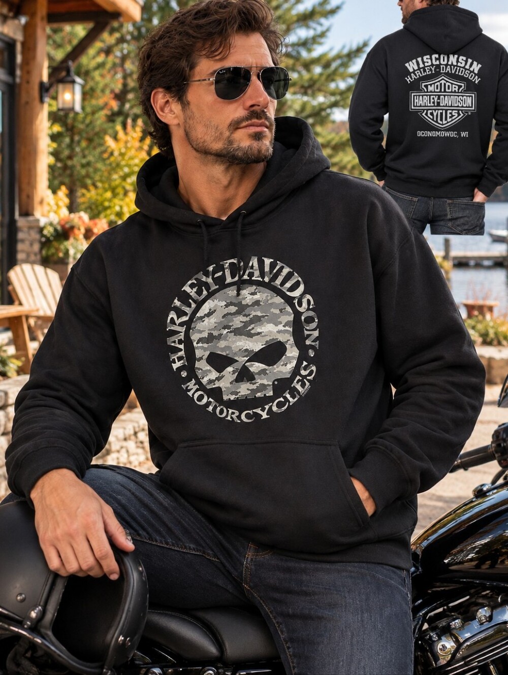 Harley Davidson Mens Gray Camo Willie G Skull Fleece Pullover Hoodie Black 2XL